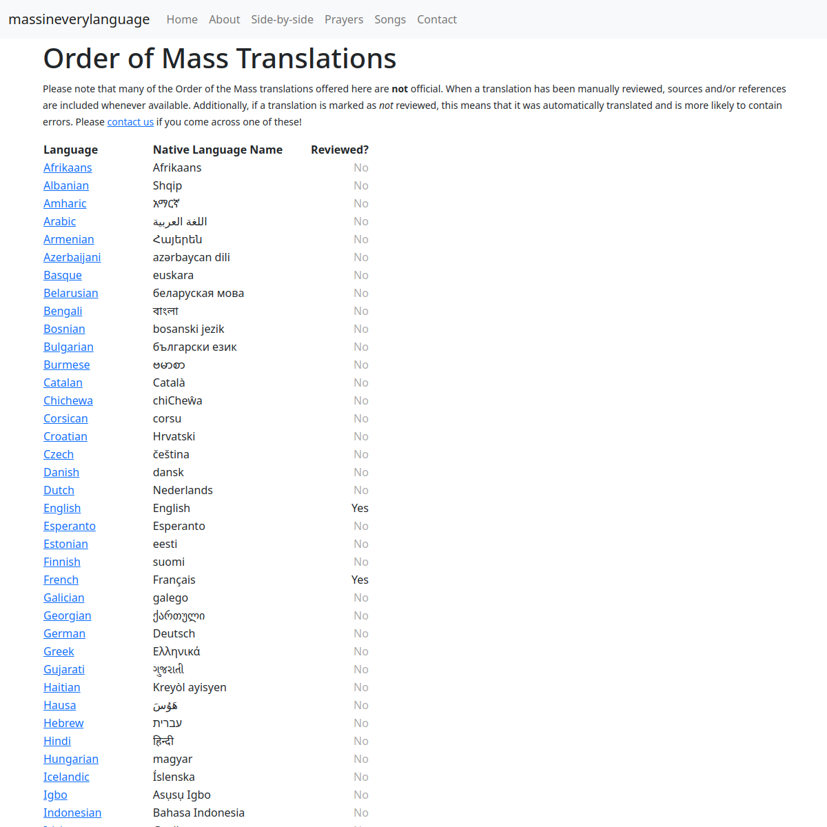 Screenshot of Mass in Every Language homepage