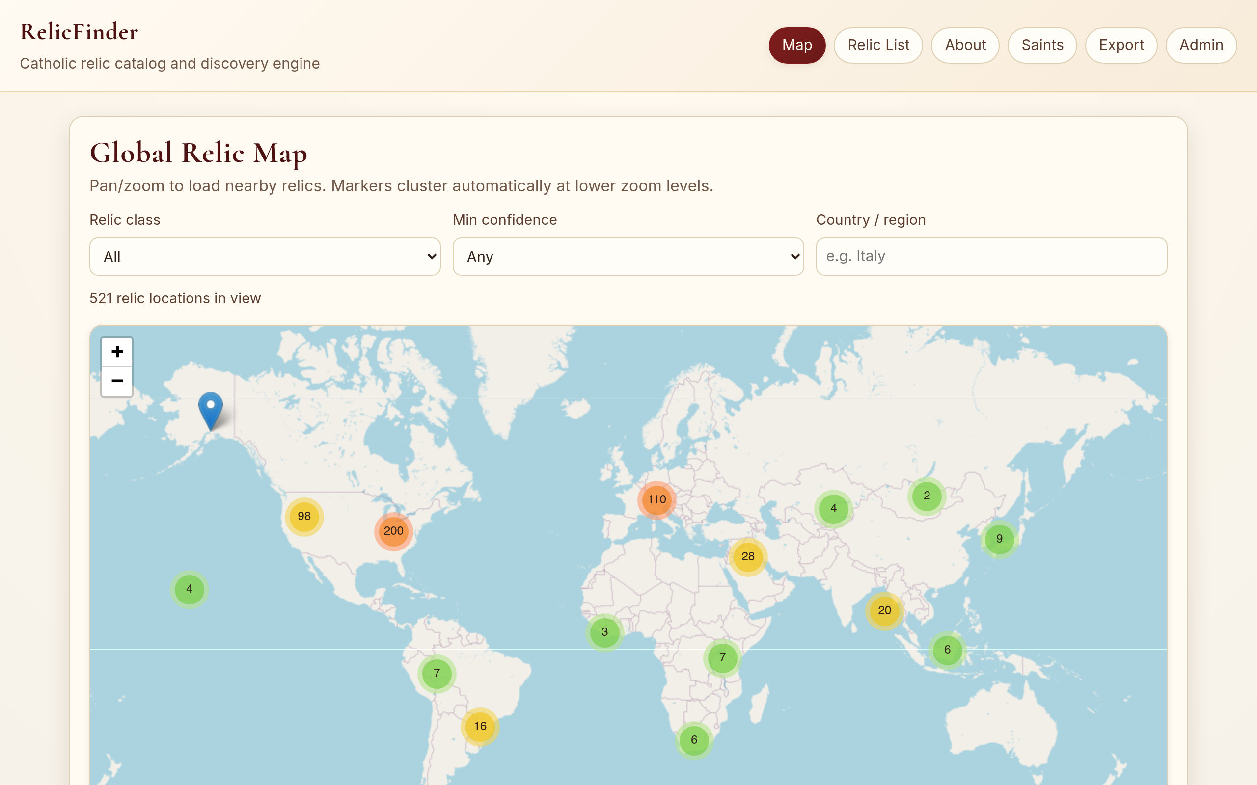 Screenshot of RelicFinder homepage